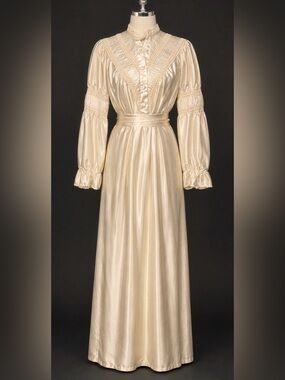 Vintage Cream Satin High-Neck Maxi Wedding Dress